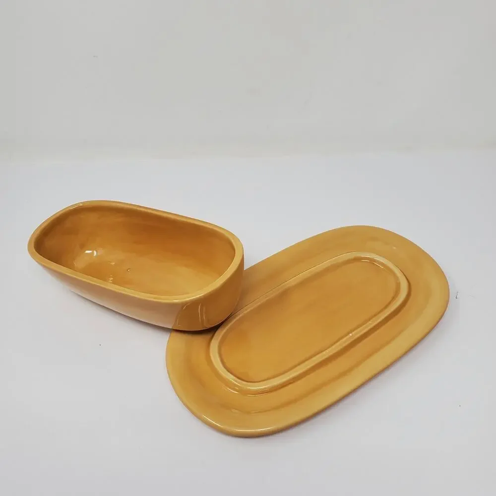 Pottery Barn SAUSALITO AMBER 1/4 Lb Covered Butter Dish Golden Yellow Amber Flaw